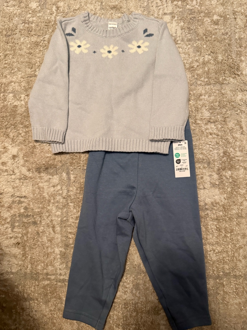 Carter's Light Blue Floral Knit Sweater with Blue Leggings Set size 24M-NWT